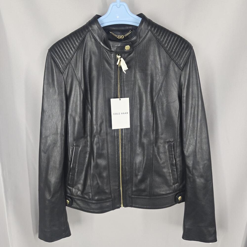 Cole Haan Womens L Black Leather Jacket Buttery Soft Lambskin Moto Quiet Luxury